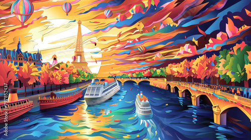 Illustration in the style of paper-cut, the Paris Olympics openning ceremony on seine river at sunset