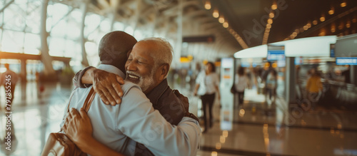 A poignant scene at an airport where a senior father greets his adult son with a tight hug, surrounded by the bustling environment, highlighting the deep emotional connection despi