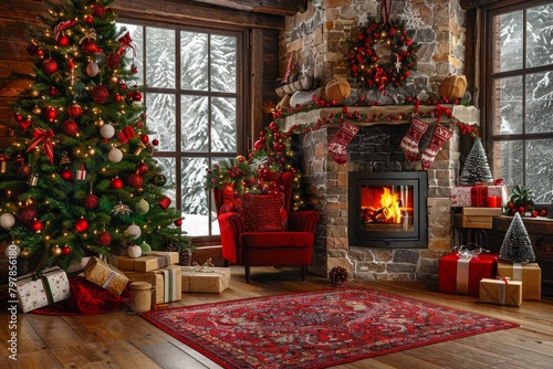 This image presents a rustic cabin interior elaborately decorated for Christmas with a tree and fireplace