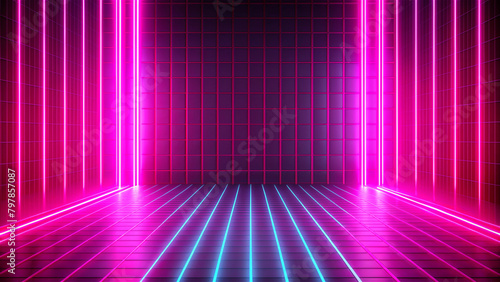 3d wireframe grid room. Abstract ultraviolet neon square interior with glowing neon lamps. Cyberspace futuristic architecture background. Mock-up for your design project