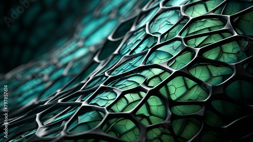 A close up of a green and black reptilian scale pattern.