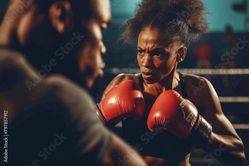 African american woman boxing punching sports.