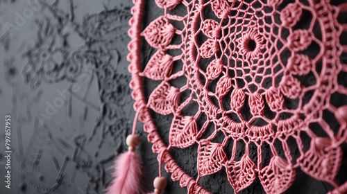 Pink ash crochet doily dream catcher close up on dark gray textured background ,Gray blue lace dream catcher on black textured background