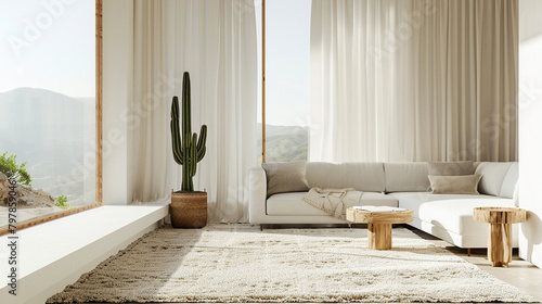 Minimalist living room with sofa and table, beige carpet, cactus, window and curtain wall, natural light, white walls and simple modern furniture