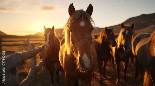 Horses in the paddock at sunset. Selective focus.