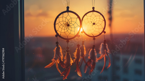 A dream catcher, hanging from a twig, with the evening sun, warm and nostalgic background ,Dreamcatcher at Sunset,Dream catcher with feathers threads and beads rope hanging