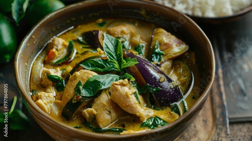 A bowl of aromatic green curry simmering on a stovetop, filled with tender chicken and vibrant Thai eggplants, ready to be enjoyed with rice.