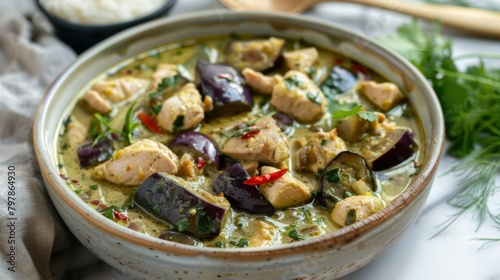 A bowl of aromatic green curry simmering on a stovetop, filled with tender chicken and vibrant Thai eggplants, ready to be enjoyed with rice.