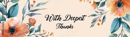 Elegant watercolor botanical thank you card mockup, Watercolor thank you card featuring vibrant flowers and 'With Deepest Thanks' calligraphy on a soft background.