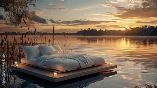 Luxury bed on a lake on a sunset with gradients on sky, best holiday resort, luxury travel stop