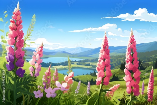 Breathtaking Foxglove Garden Surrounded by Rolling Hills and Clear Blue Sky