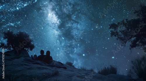 A couple stargazing in a remote wilderness, lying on a blanket under a canopy of twinkling stars, lost in the beauty of the night sky.
