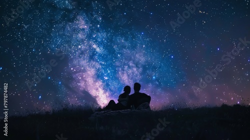 A couple stargazing in a remote wilderness, lying on a blanket under a canopy of twinkling stars, lost in the beauty of the night sky.
