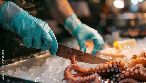 chef slicing squid on ice fresh seafood preparation culinary arts