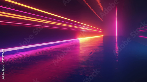 A colorful, neon-lit room with a long, narrow hallway