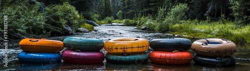 A collection of colorful inner tubes stacked beside a slowmoving river