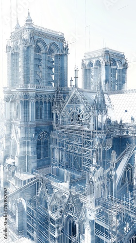 A 3D mesh wireframe of a cathedral under construction, showing the intricate architecture and flying buttresses