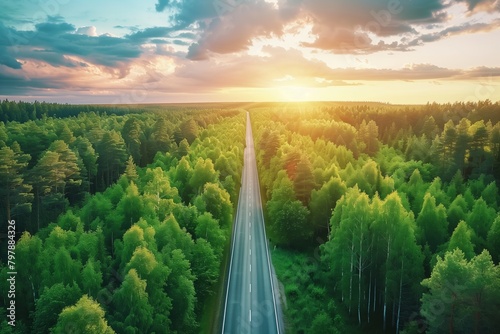 Aerial view of the asphalt road through a beautiful green forest on a sunny summer day. A road trip concept with a top down perspective view from above.