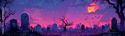 A cartoon graveyard at night with a large moon and bats flying around.