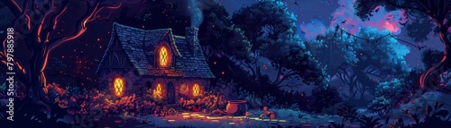 A cozy cottage in the middle of a dark forest. The cottage is lit by a warm fire and there is a full moon in the sky.
