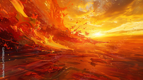 An abstract desert scene, where paint splashes of warm oranges, reds, and yellows spread across the canvas, simulating the shifting sands and setting sun. 