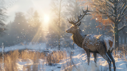 A deer stood in the white snow. With the morning sun In winter 