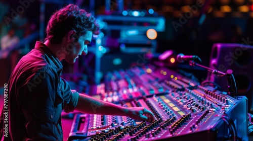 A sound engineer fine-tuning settings on a mixing console for a live event