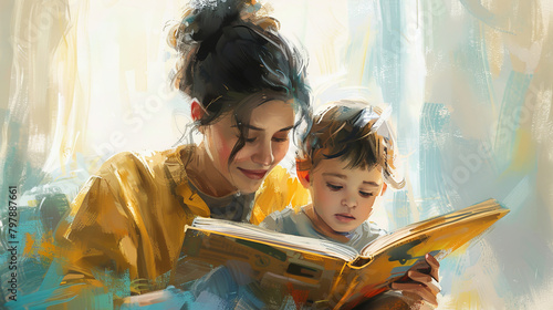 A vibrant, painted scene captures a mother and child absorbed in a colorful storybook together.