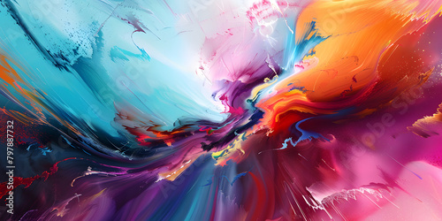 A vibrant and colorful abstract painting, featuring shades of pink, purple, magenta, and liquidlike paint strokes, on a wall