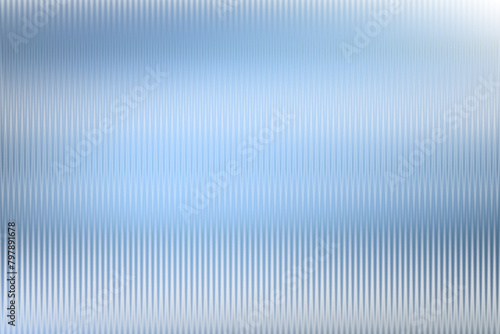 Reeded glass with blurred sky blue background. Refraction texture acrylic ribbed bath separation wall. Frozen ice premium packaging foil overlay. Wavy vertical line stripes pastel polycarbonate panel.