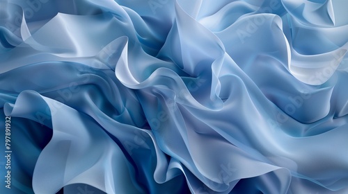 3D render of abstract modern blue background adorned with intricately folded ribbons in macro detail, perfect for fashion wallpaper.