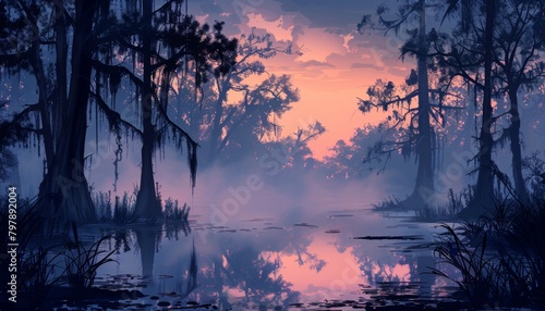 A misty swamp at dusk with a full moon rising over the trees.