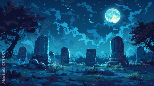 A pixel art cemetery at night with a full moon