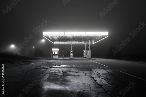 Black and white architectural photography of a vintage gas station on a deserted highway at night, bathed in the warm glow of neon signage, evoking a sense of nostalgia for a bygone era.