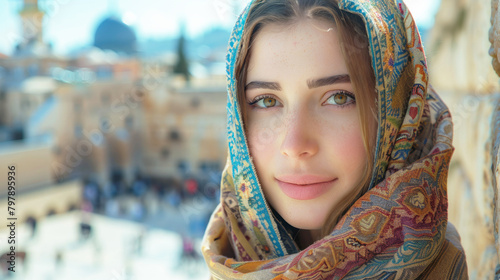 Portrait of a beautiful Israeli girl in a scarf on the background of the old city.