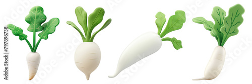PNG daikon radish 3d icons and objects collection, in cartoon style minimal on transparent, white background, isolate