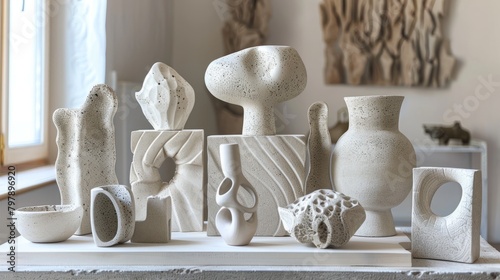 A collection of abstract ceramic sculptures in various shapes and sizes.