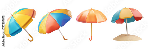 PNG beach umbrella 3d icons and objects collection, in cartoon style minimal on transparent, white background, isolate