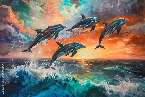 Capture a pod of dolphins leaping out of a turquoise ocean at sunset. Focus on the dynamic movement and playful energy of the animals, juxtaposed against the vibrant colors of the sky.