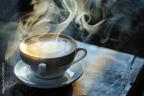 Capture a still life photograph of a steaming cappuccino featuring intricate latte art adorning the surface. Delicate wisps of steam rise from the cup, creating an inviting and sensory experience.