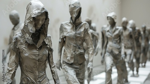 A group of mysterious, faceless, hooded figures made of stone march purposefully forward.