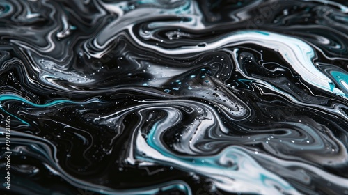 A closeup of swirling black and white acrylic paint on canvas, creating an abstract pattern with fluid lines that evoke the feeling of floating in space