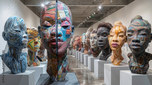 A long room is filled with colorful sculptures of African heads made of beads and other materials.