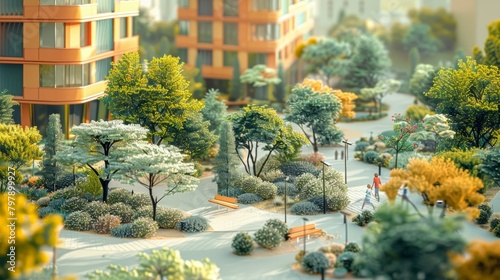 A miniature city park with people and trees