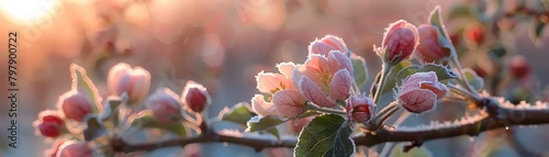 A frosty morning scene in an apple orchard, where the blossoms are just beginning to open