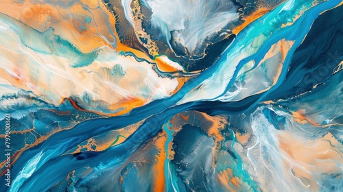 abstract painting of an aerial view of the Icelandic glacial river, blue and orange hues, brush strokes, top down view.