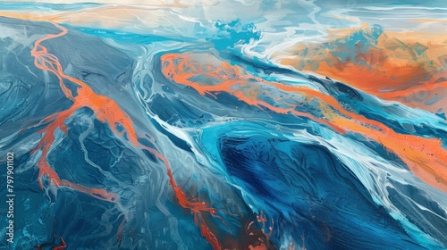 abstract painting of an aerial view of the Icelandic glacial river, blue and orange hues, brush strokes, top down view.