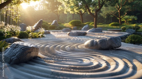 A photo of a Zen garden with a raked sand and stone pattern, and a large rock in the foreground.