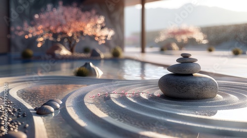 A photo of a Zen garden with a raked sand and stone pattern, a small tree, and a stone cairn.