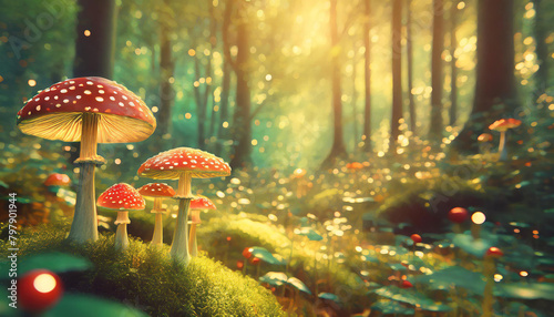 Beautiful fantasy magic forest with fly agaric mushrooms and light spots. Fairy tale outdoor background. Generative AI